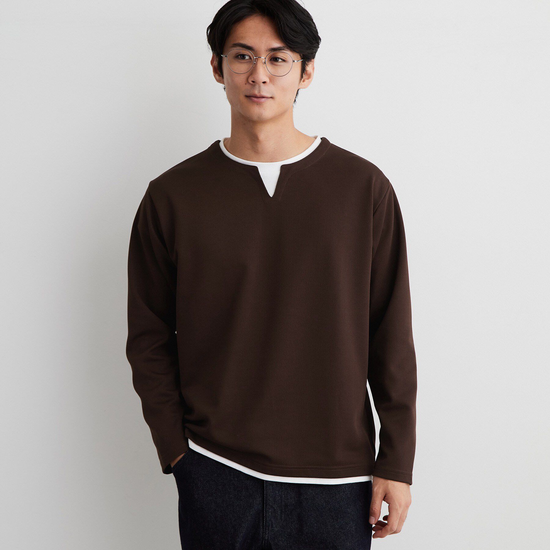THE SHOP TK「【洗濯機OK】カノコキーネック レイヤード長袖Tシャツ」|Tシャツ・カットソー|