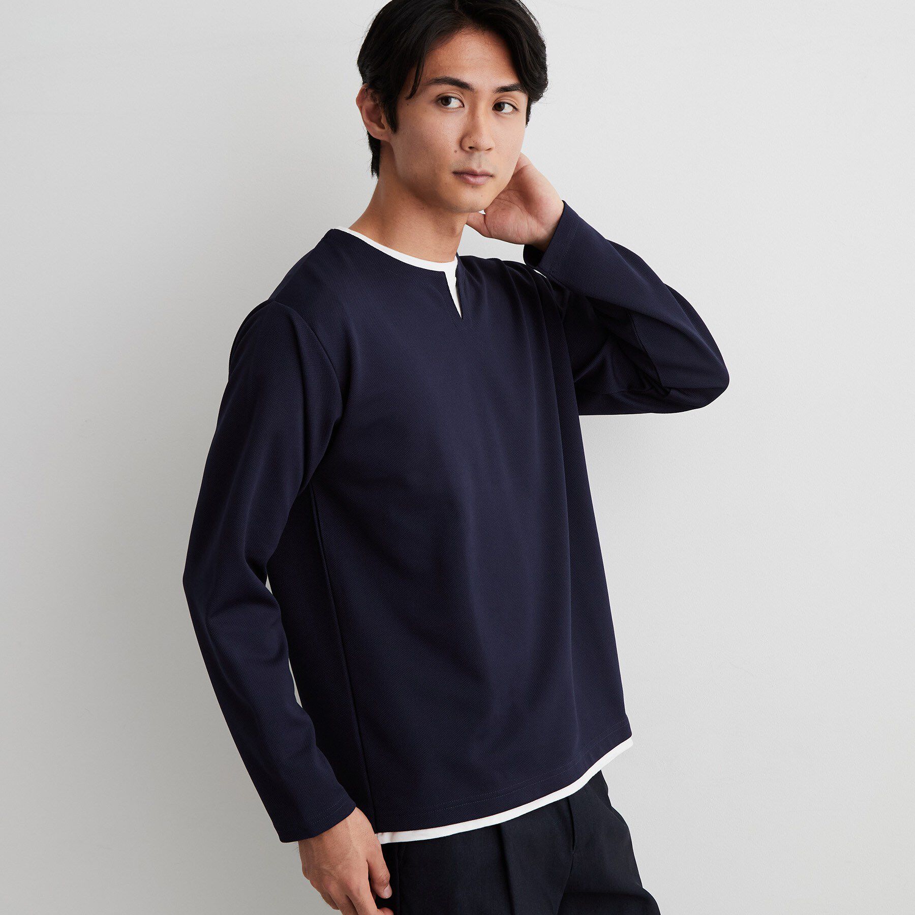 THE SHOP TK「【洗濯機OK】カノコキーネック レイヤード長袖Tシャツ」|Tシャツ・カットソー|