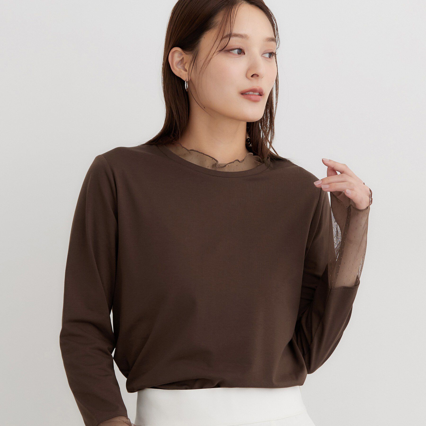 THE SHOP TK「チュールドット切替カットソー」|Tシャツ・カットソー|ブラウン(043)