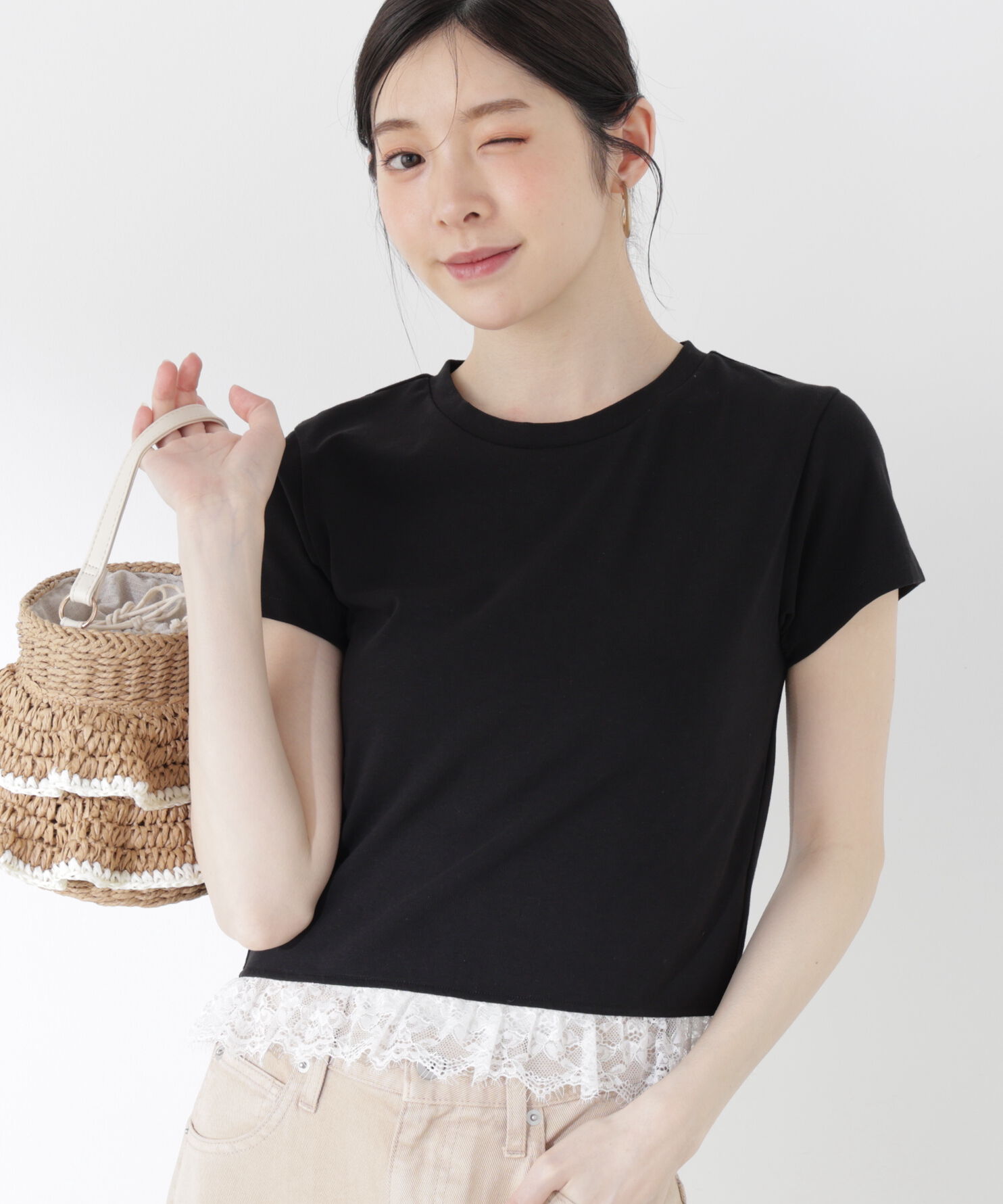 PROPORTION BODY DRESSING「＜青島心さん着用＞〈a/mie〉レースヘムTシャツ」|Tシャツ・カットソー|ブラック
