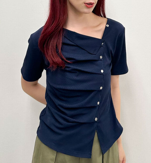 archives「【ＯＮかわ】アシメタックボタンカットＴＯＰＳ　５Ｓ」|Tシャツ・カットソー|NAVY