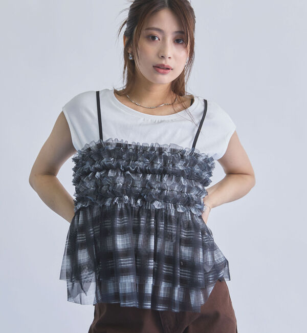 archives「チェックフリルチュールビスチェ&times;フレンチＴＥＥ　ＳＥＴ」|カーディガン|BLACK