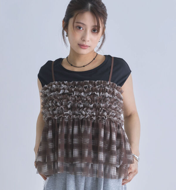 archives「チェックフリルチュールビスチェ&times;フレンチＴＥＥ　ＳＥＴ」|カーディガン|BROWN