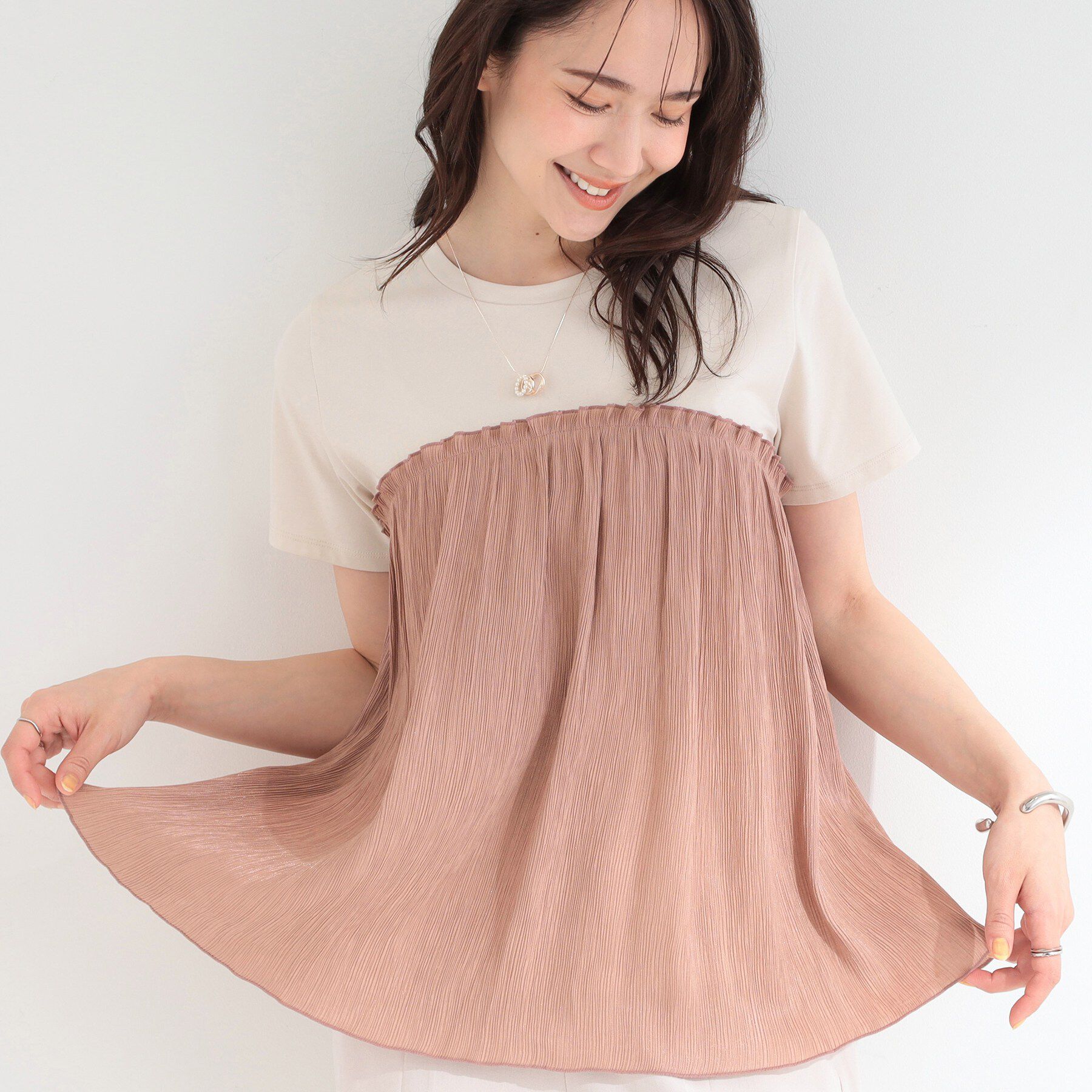 SHOO･LA･RUE「【体型カバー】1枚でインせず決まる きらきらビスチェ風Tシャツ」|Tシャツ・カットソー|オレンジ(065)