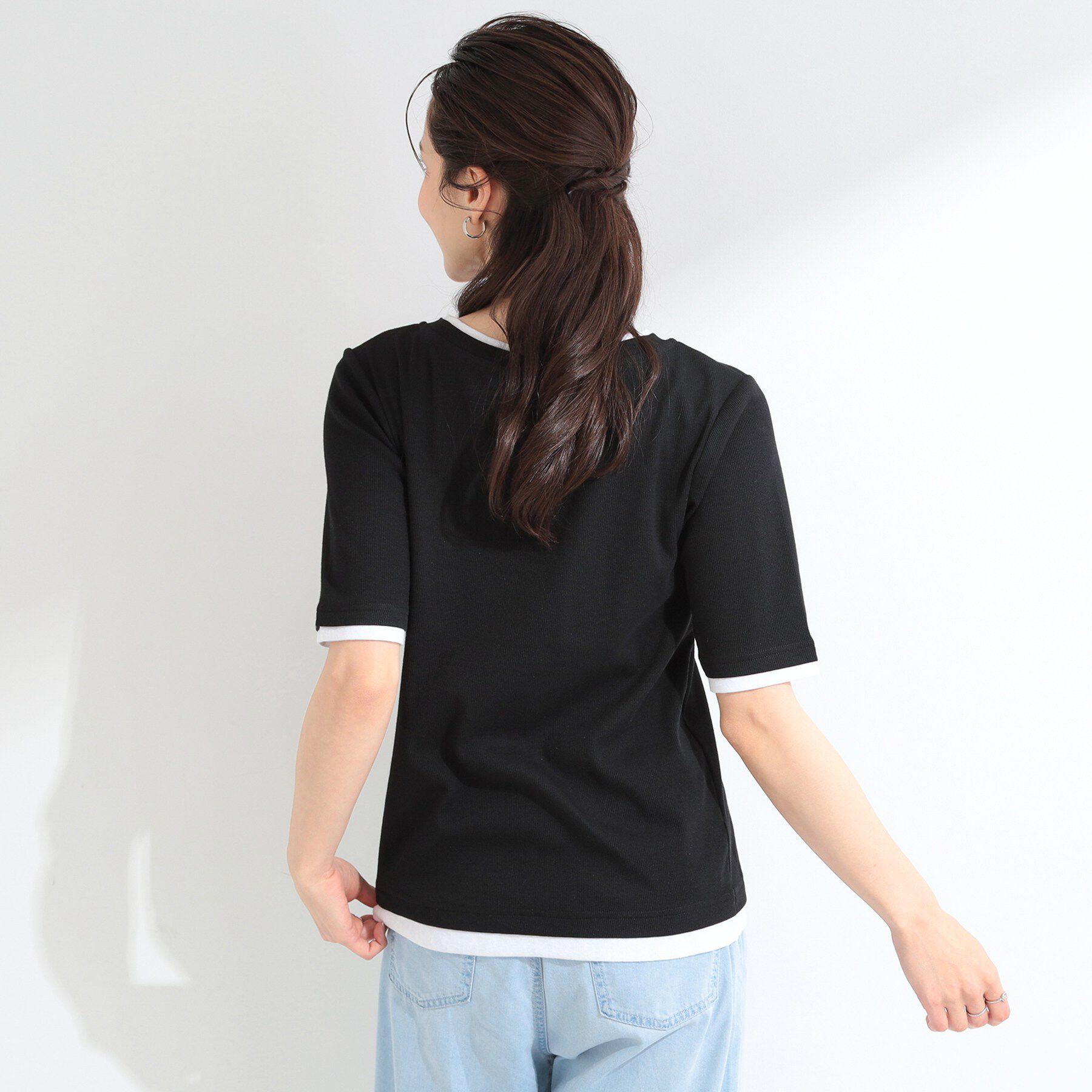 SHOO･LA･RUE「【S-LL/洗濯機可】二の腕隠れる 配色レイヤード風 5分袖Tシャツ」|Tシャツ・カットソー|