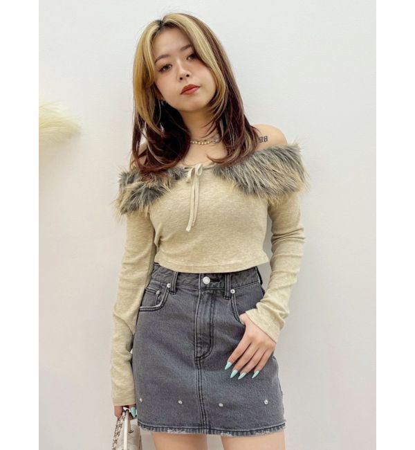 EVRIS「フェイクファードッキングオフショルトップス」|Tシャツ・カットソー|ベージュ