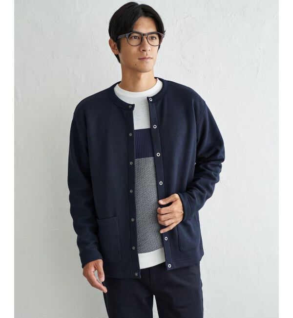 ikka「ボンディングクルーネックカーデ」|カーディガン|ネイビーブルー