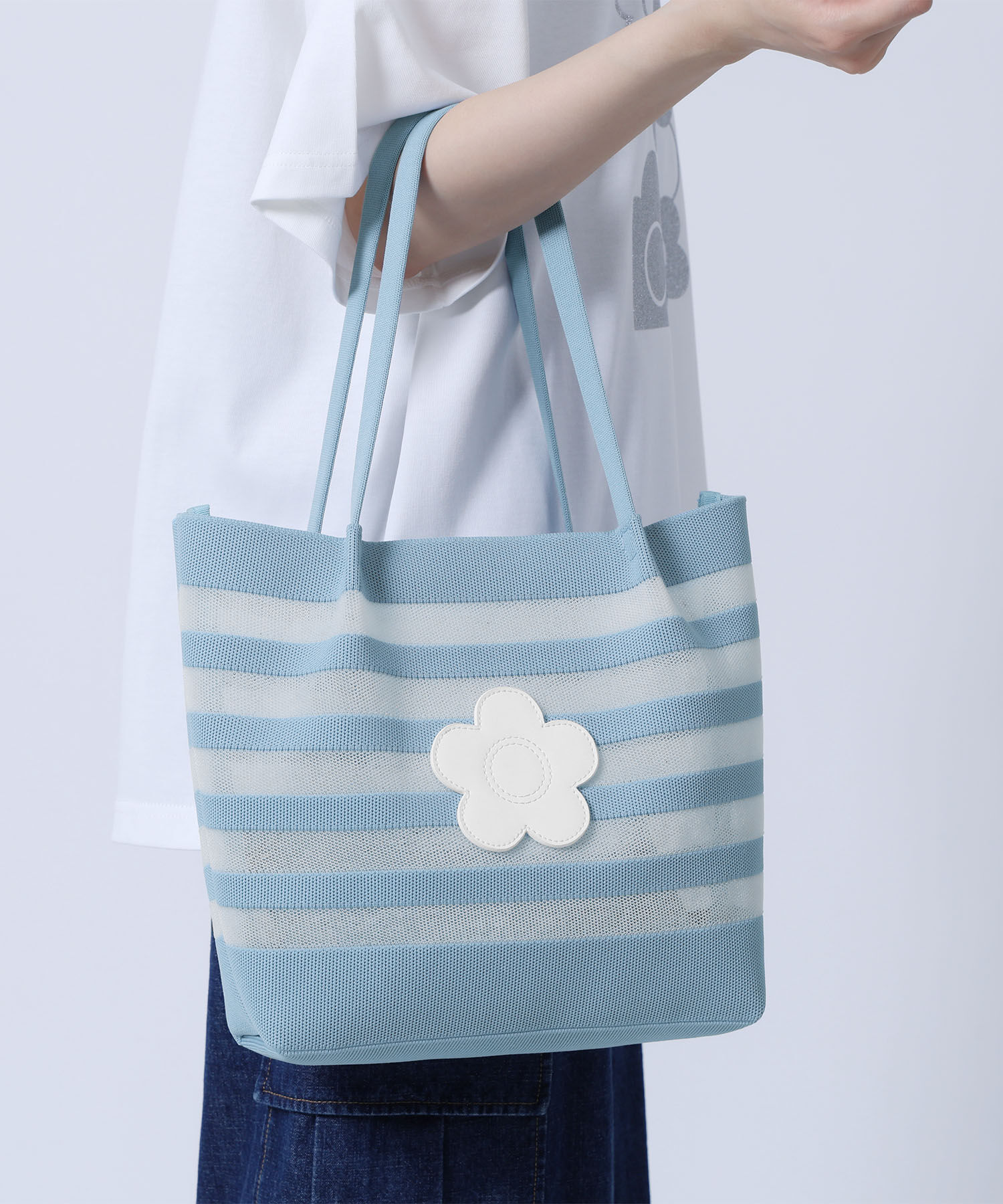 MARY QUANT「メッシュボーダーニット トート」|トートバッグ|ライトブルー