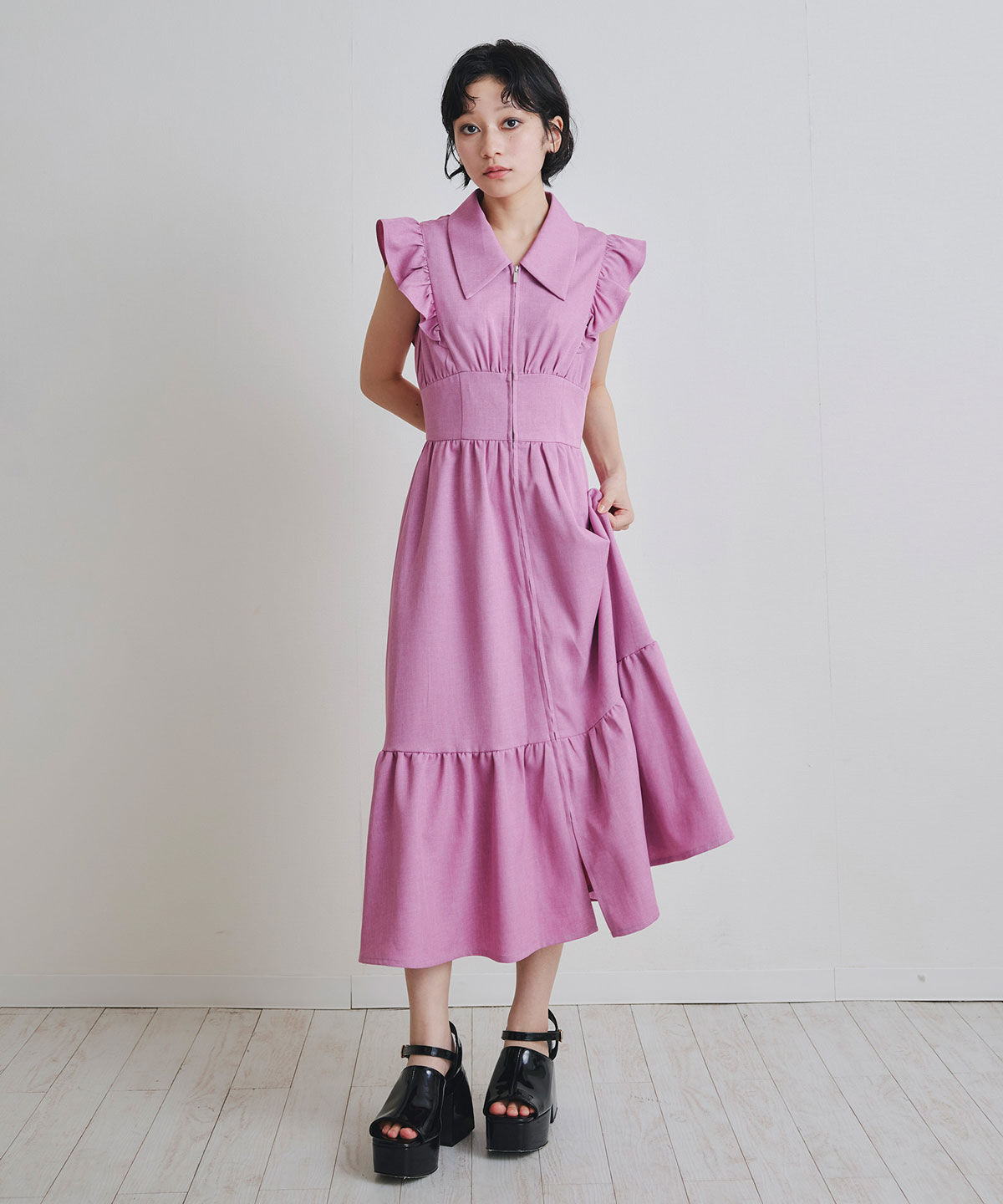 REDYAZEL「フリルフロントジップフレアロングワンピース」|ワンピース|