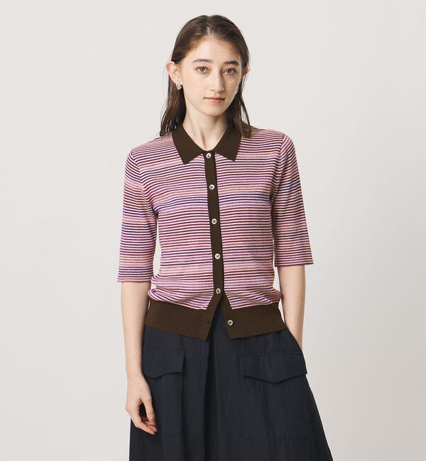 UNITED ARROWS「カラー ボーダー 5分袖 ポロニット ‐ウォッシャブル‐」|ニット・セーター|PINK