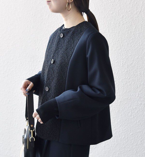 SHIPS any「〈手洗い可能〉ダブルクロス レース 切替 ノーカラー ジャケット［NAVY BLUE］」|ノーカラージャケット|ネイビー