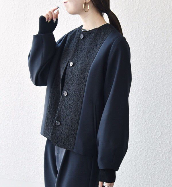 SHIPS any「〈手洗い可能〉ダブルクロス レース 切替 ノーカラー ジャケット［NAVY BLUE］」|ノーカラージャケット|