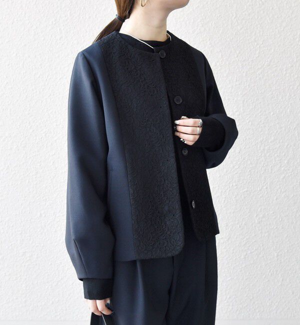 SHIPS any「〈手洗い可能〉ダブルクロス レース 切替 ノーカラー ジャケット［NAVY BLUE］」|ノーカラージャケット|