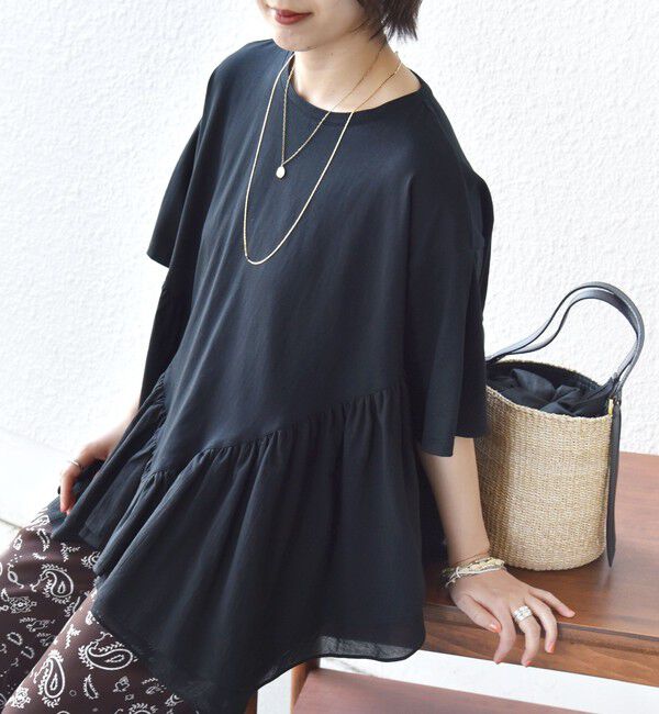 SHIPS for women「【WEB限定】〈手洗い可能〉ランダム ギャザー ドッキング TEE」|Tシャツ・カットソー|ブラック