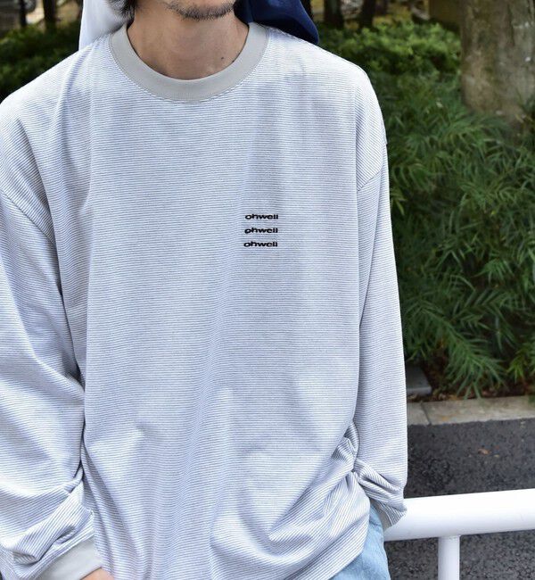 SHIPS any「【SHIPS any別注】ohwell: ワンポイント ロゴ 刺繍 ミジンボーダー Tシャツ(ロンT)◇」|Tシャツ・カットソー|