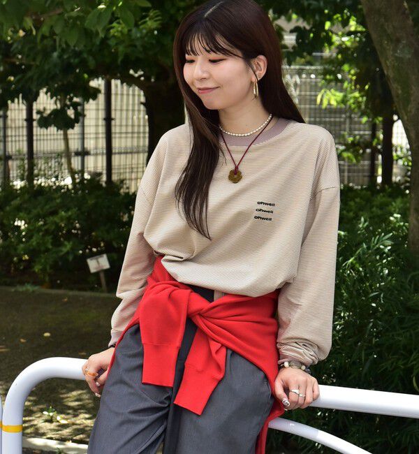 SHIPS any「【SHIPS any別注】ohwell: ワンポイント ロゴ 刺繍 ミジンボーダー Tシャツ(ロンT)◇」|Tシャツ・カットソー|