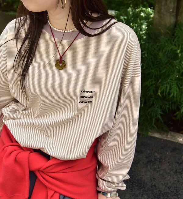 SHIPS any「【SHIPS any別注】ohwell: ワンポイント ロゴ 刺繍 ミジンボーダー Tシャツ(ロンT)◇」|Tシャツ・カットソー|