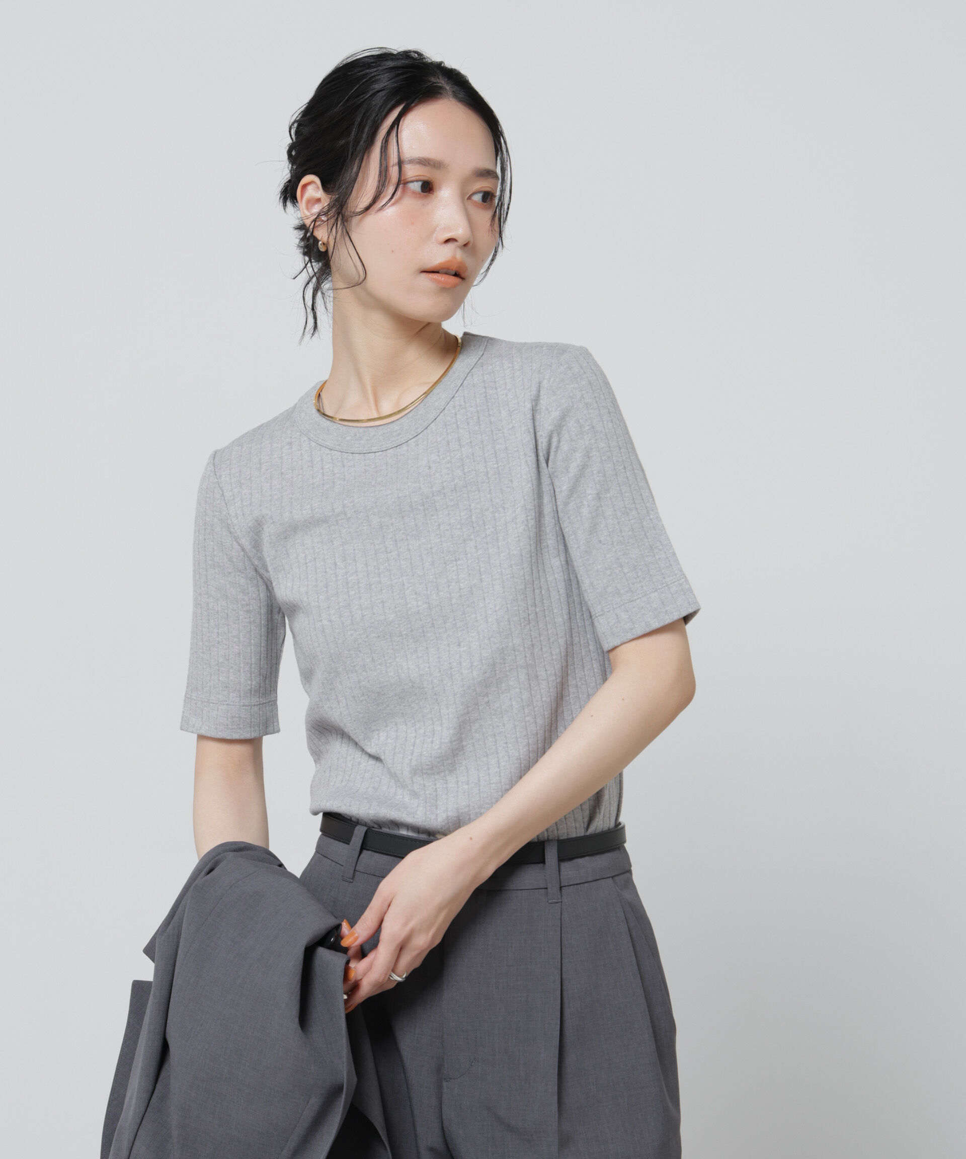 NANO universe「【選べる4色展開！】Anti Soaked(R) 汗染み防止クルーネックリブTシャツ」|Tシャツ・カットソー|