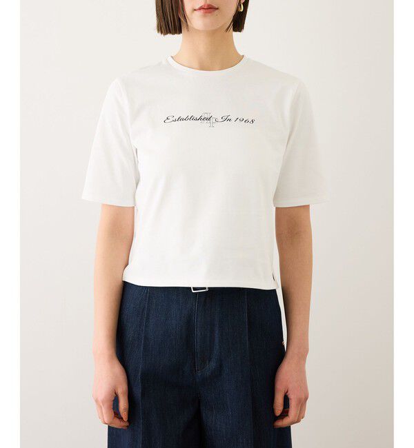 ROPE「ショート丈コンパクトTEE(白刺繍＆黒ロゴプリント)/イージーケア」|Tシャツ・カットソー|