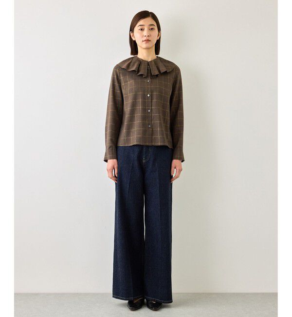 ROPE「【J'aDoRe・一部店舗限定サイズ】ラメチェックフリルカラーブラウス/セットアップ対応・イージーケア」|シャツ・ブラウス|