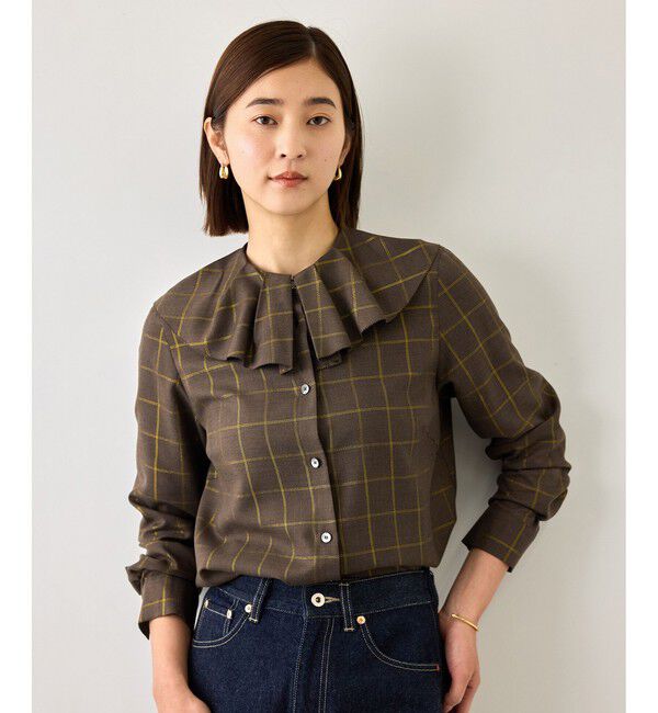 ROPE「【J'aDoRe・一部店舗限定サイズ】ラメチェックフリルカラーブラウス/セットアップ対応・イージーケア」|シャツ・ブラウス|