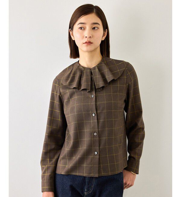 ROPE「【J'aDoRe・一部店舗限定サイズ】ラメチェックフリルカラーブラウス/セットアップ対応・イージーケア」|シャツ・ブラウス|
