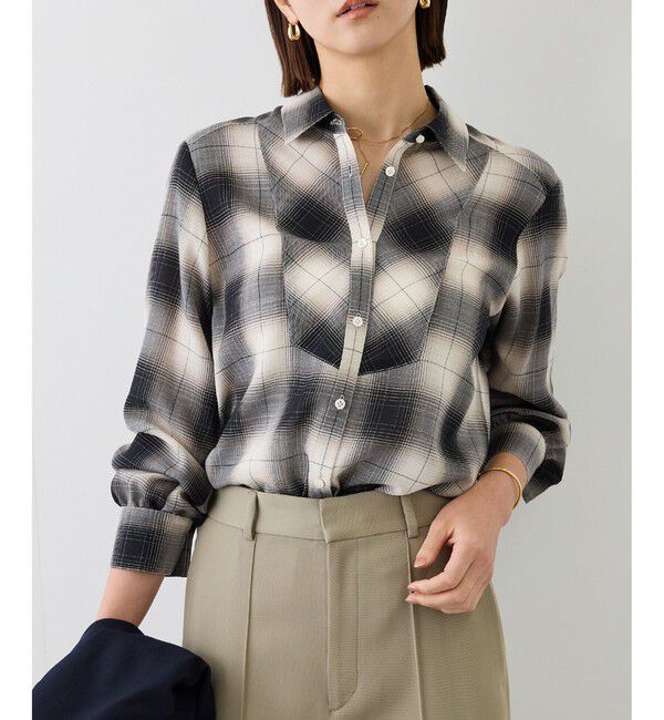 ROPE「【J'aDoRe・一部店舗限定サイズ】ボウタイ付きシアーチェックシャツブラウス(取り外し可能 )/イージーケア」|シャツ・ブラウス|