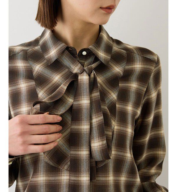 ROPE「【J'aDoRe・一部店舗限定サイズ】ボウタイ付きシアーチェックシャツブラウス(取り外し可能 )/イージーケア」|シャツ・ブラウス|