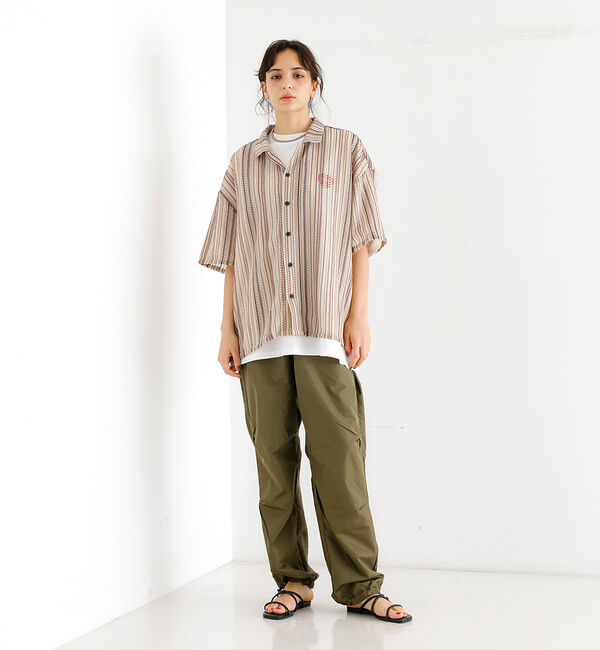 ABAHOUSE「【Revo./レボ】透かし編みニットオープンカラーストライプ半端袖シャツ」|シャツ・ブラウス|