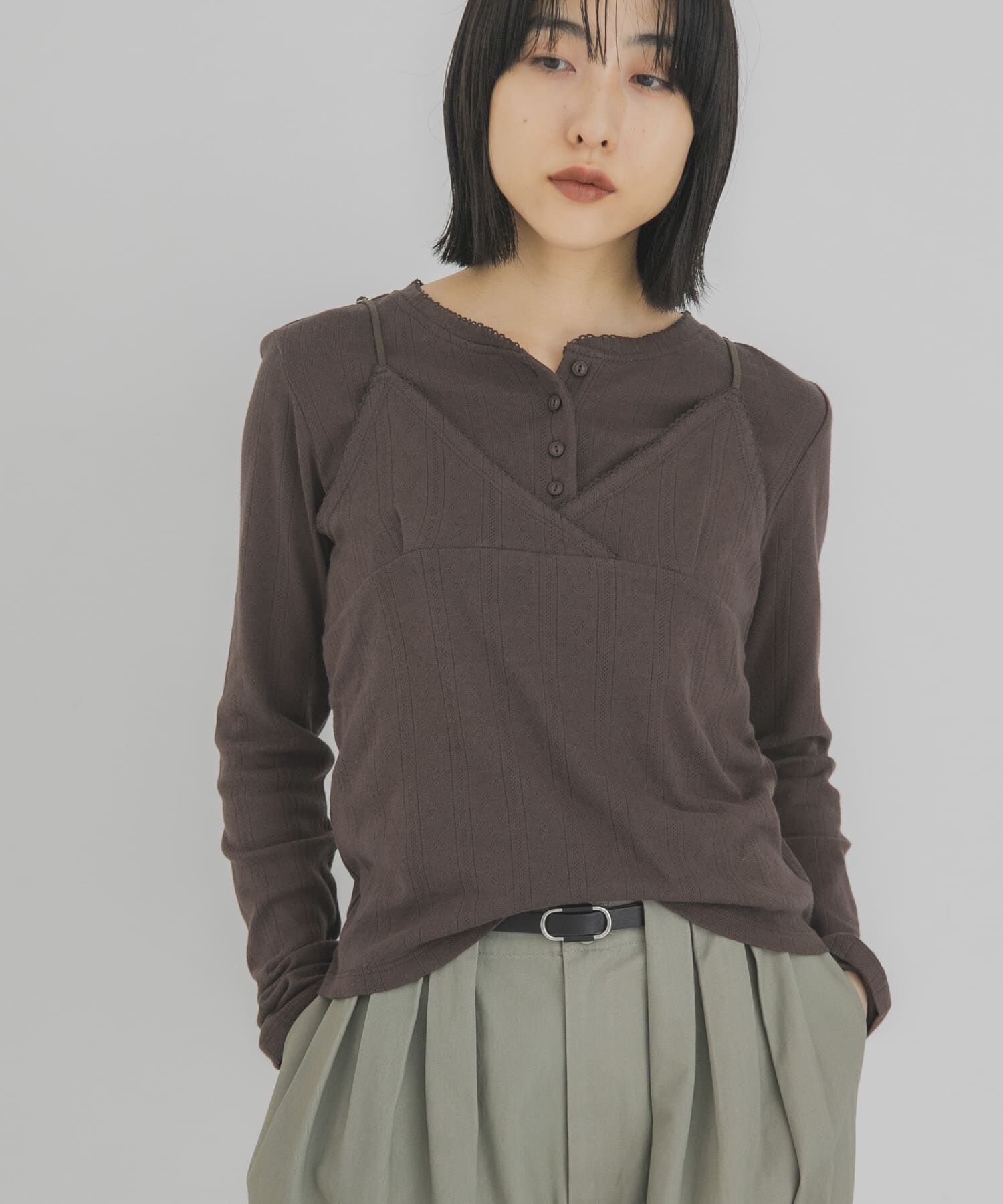  「アイレットキャミレイヤードトップス」|Tシャツ・カットソー|ダークブラウン