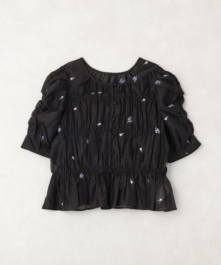 earth music&ecology「【前後2WAY】フラワー刺繍シャーリングブラウス」|シャツ・ブラウス|Black