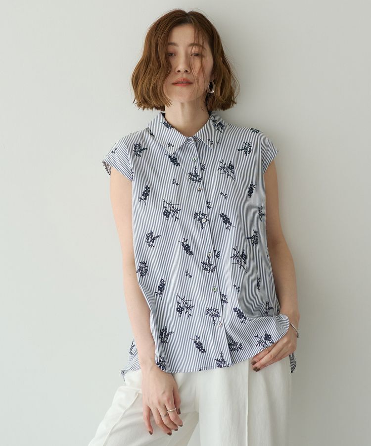 YECCA VECCA「ストライプ柄フラワー刺繍シャツ」|シャツ・ブラウス|Navy