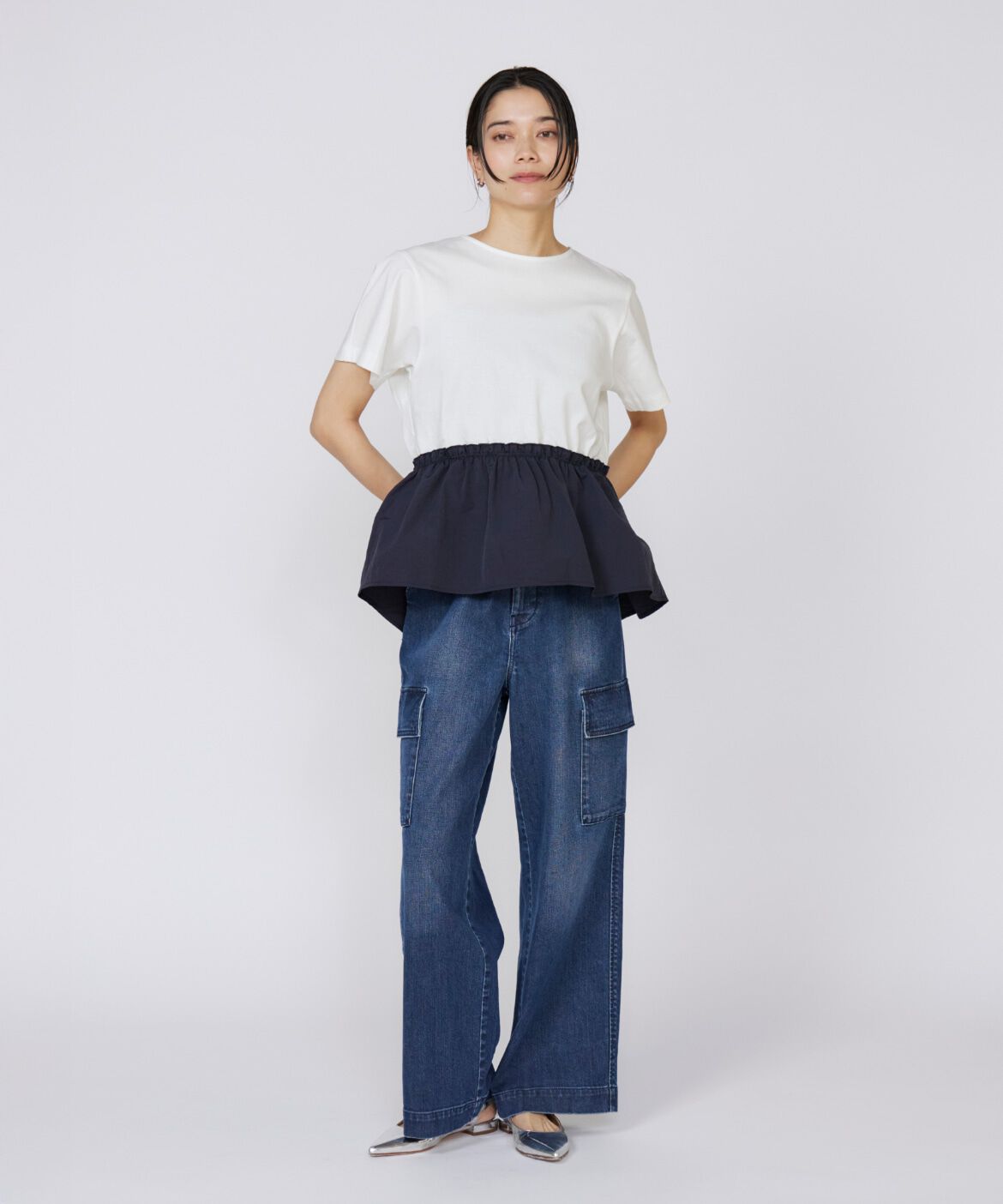 INED「《大きいサイズ》ドッキングペプラムカットソー」|Tシャツ・カットソー|
