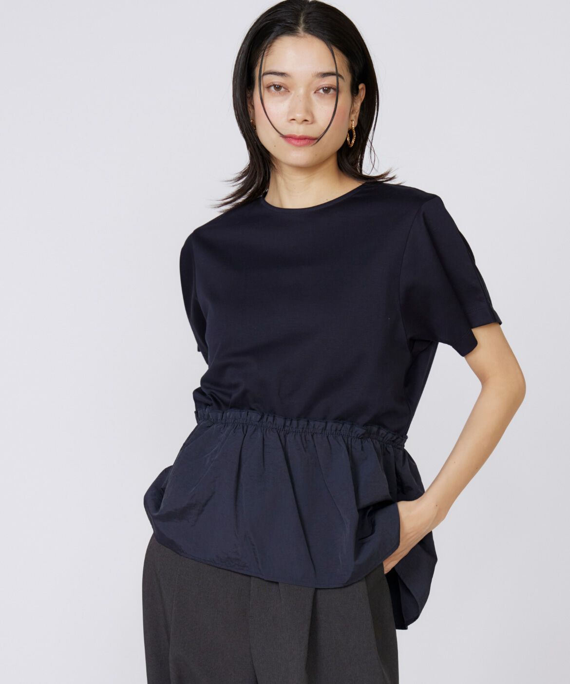 INED「《大きいサイズ》ドッキングペプラムカットソー」|Tシャツ・カットソー|ネイビー