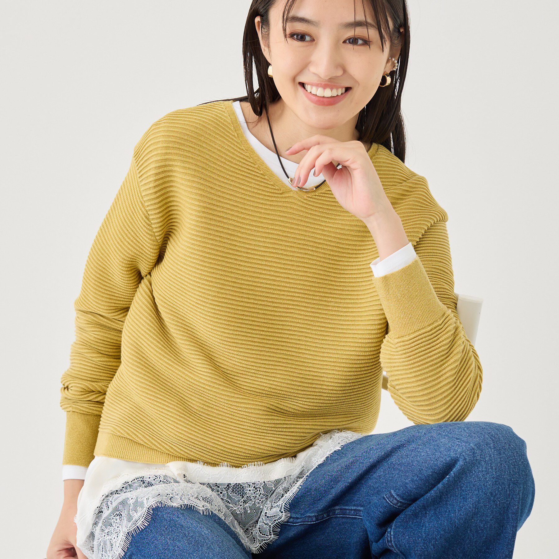 INDIVI「【ウール混／体型カバー】ラメガーター編み Vネックニット」|ニット・セーター|