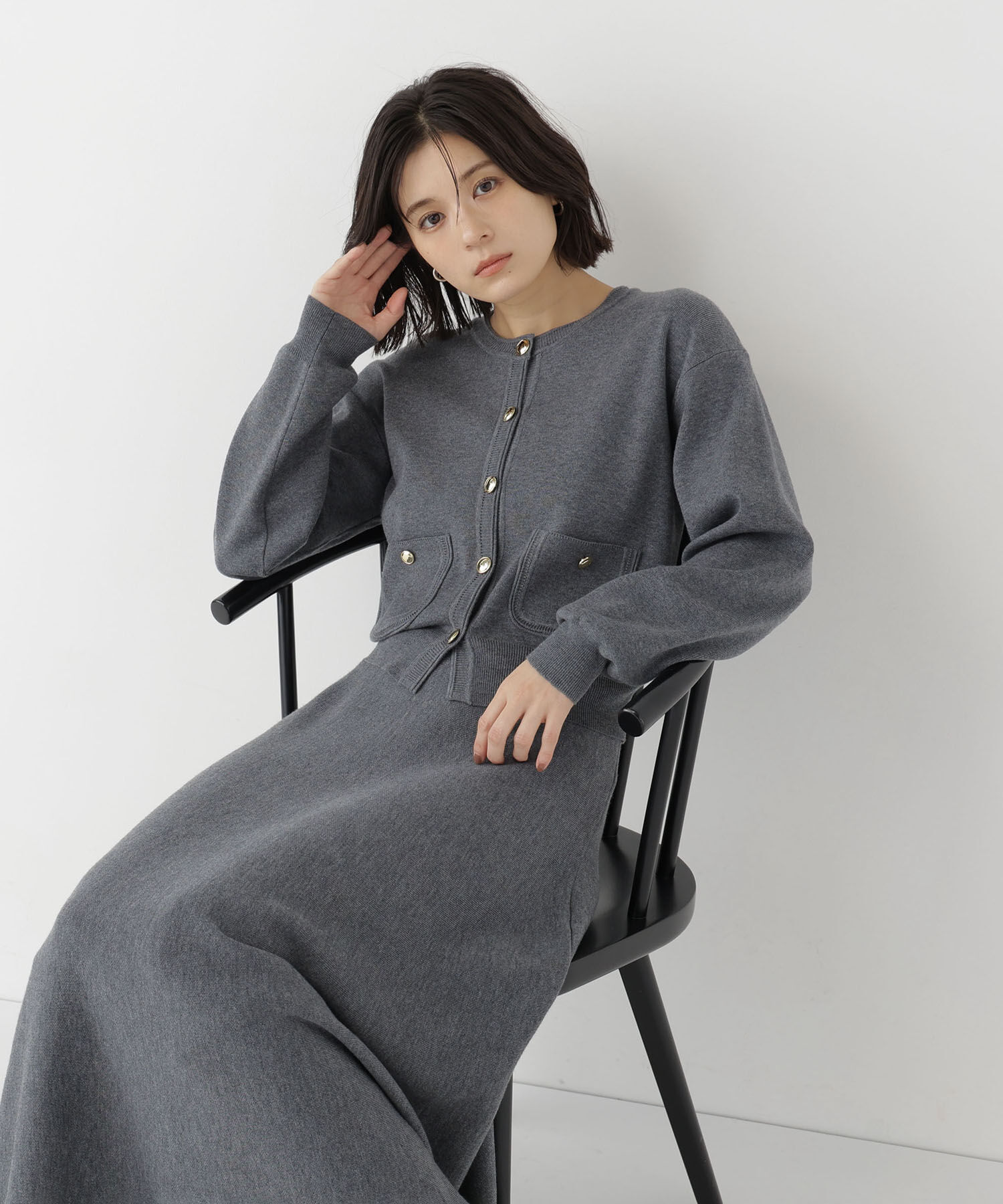  「ダブルフェイスニットセットアップ」|ワンピース|チャコール1