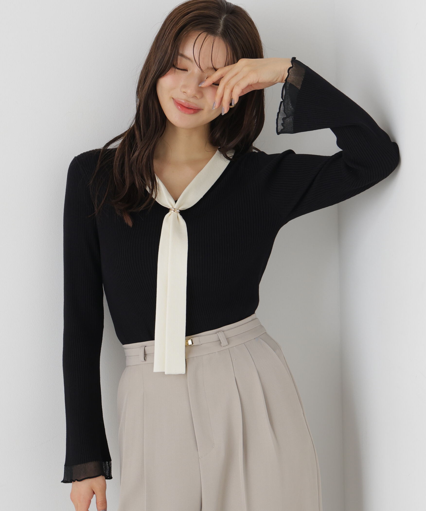 PROPORTION BODY DRESSING「タイ付き部分シアーニット 26AW」|ニット・セーター|ブラック&times;エク