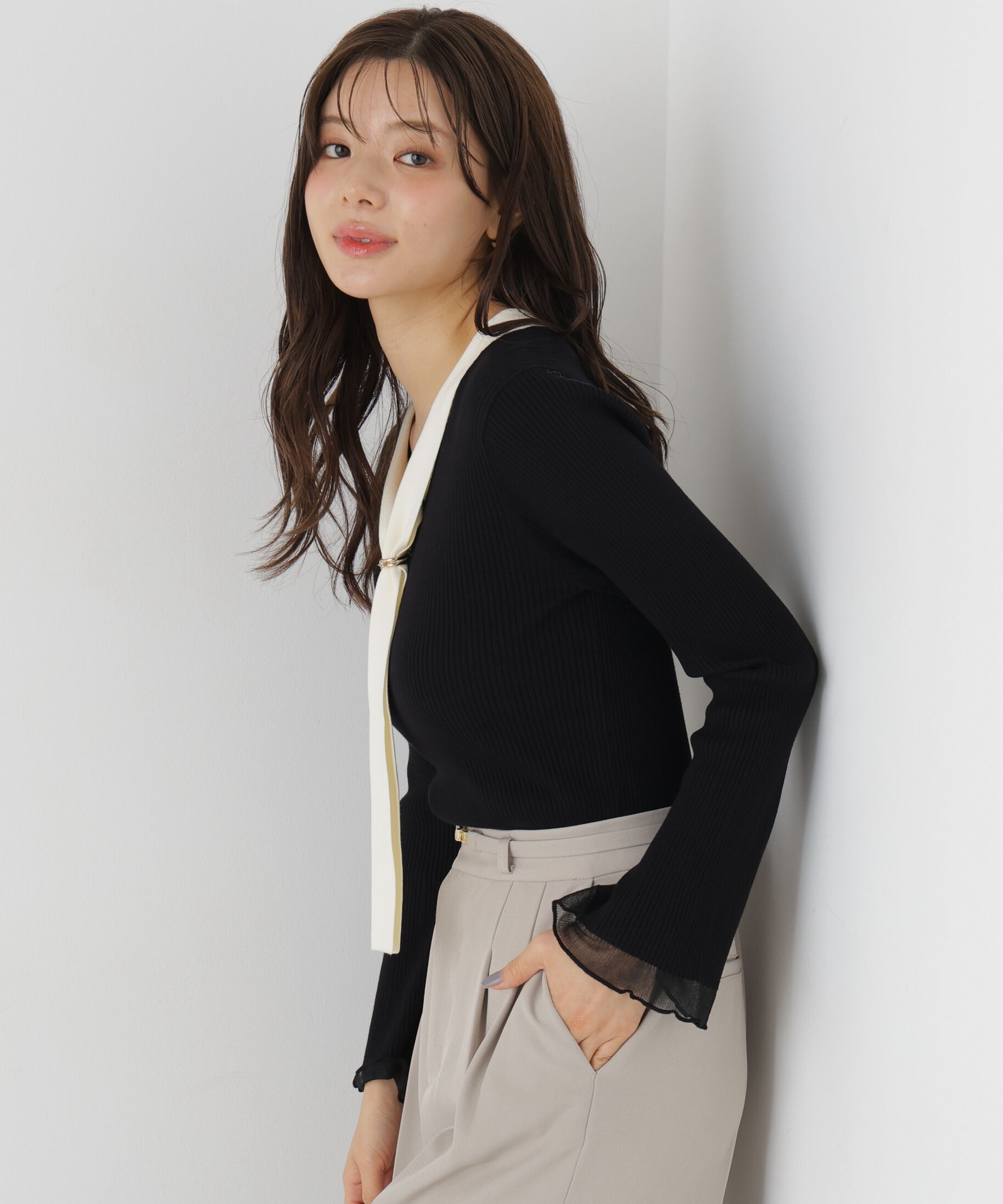 PROPORTION BODY DRESSING「タイ付き部分シアーニット 26AW」|ニット・セーター|