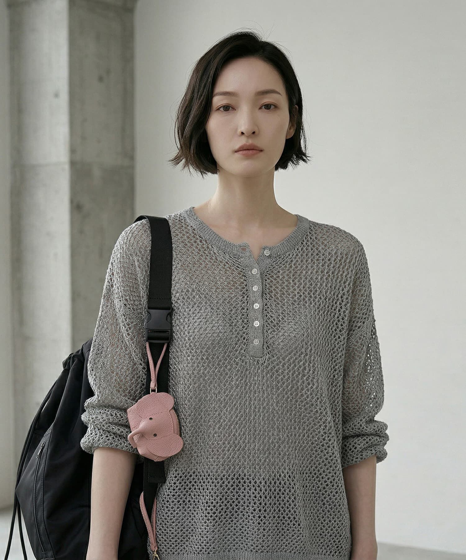 STYLE DELI「【BLK001】サマーメッシュ編みヘンリーネックプルオーバー」|Tシャツ・カットソー|