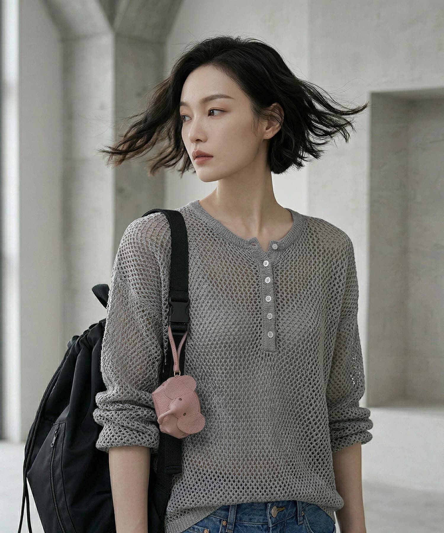 STYLE DELI「【BLK001】サマーメッシュ編みヘンリーネックプルオーバー」|Tシャツ・カットソー|