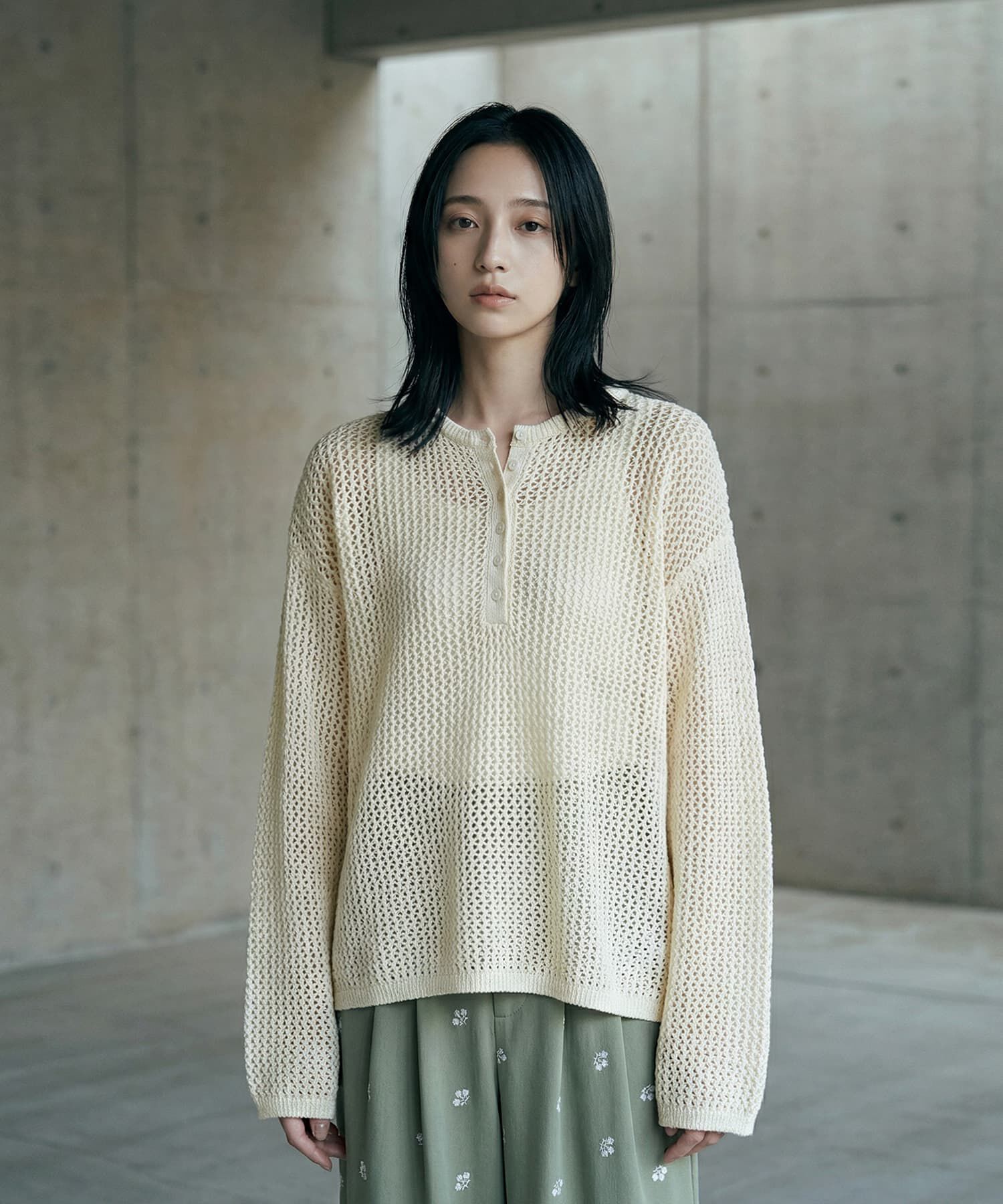STYLE DELI「【BLK001】サマーメッシュ編みヘンリーネックプルオーバー」|Tシャツ・カットソー|
