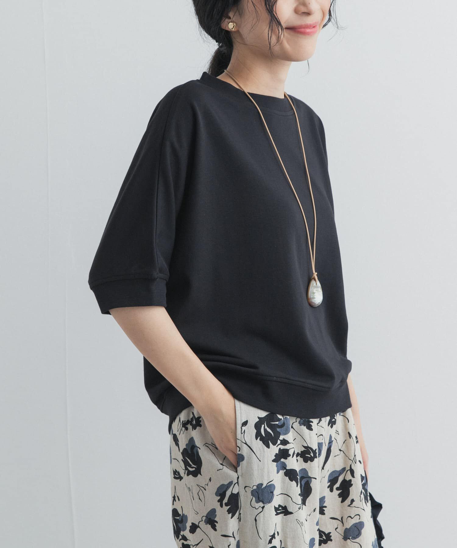 URBAN RESEARCH DOORS「モダールコットン裏毛ドルマンプルオーバー」|Tシャツ・カットソー|ブラック