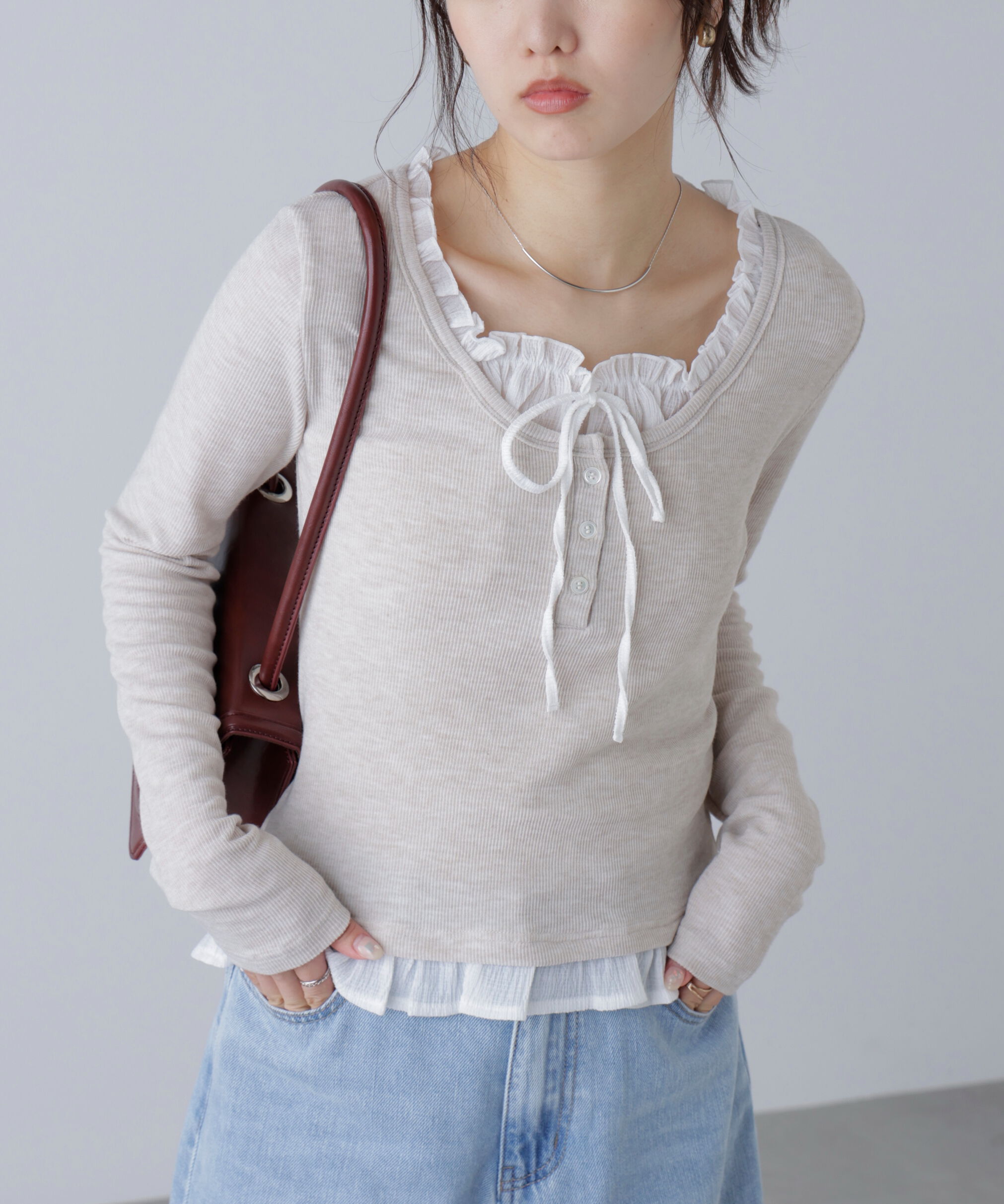  「レイヤード風フリルリボンカットソー」|Tシャツ・カットソー|