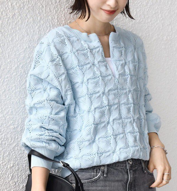 SHIPS for women「《追加予約》【WEB限定】〈洗濯機可能〉2WAY フラワー ジャカード ハーフ ジップ プルオーバー」|ニット・セーター|ライトブルー