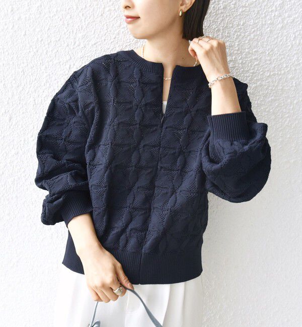 SHIPS for women「《追加予約》【WEB限定】〈洗濯機可能〉2WAY フラワー ジャカード ハーフ ジップ プルオーバー」|ニット・セーター|ネイビー
