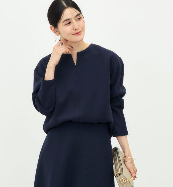 NOLLEY'S「《UVカット/接触冷感/セットアップ対応》ウォッシャブルダンボールキーネックプルオーバー」|Tシャツ・カットソー|ネイビー