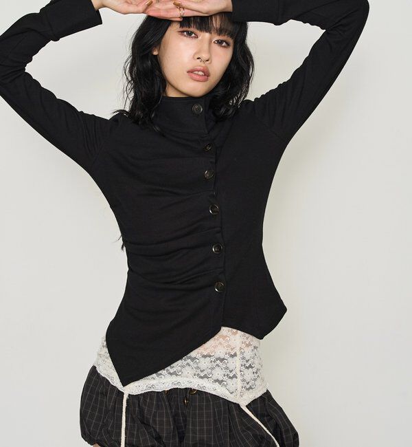  「アシメハイネックギャザートップス」|Tシャツ・カットソー|