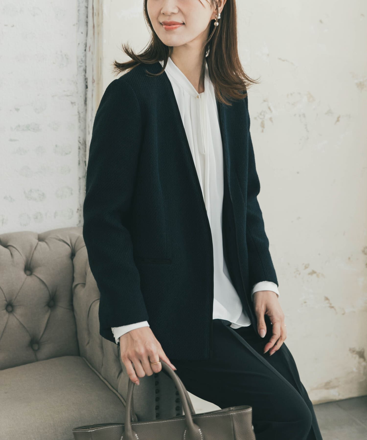 URBAN RESEARCH DOORS「ツィードVネックロングジャケット」|その他|ネイビー