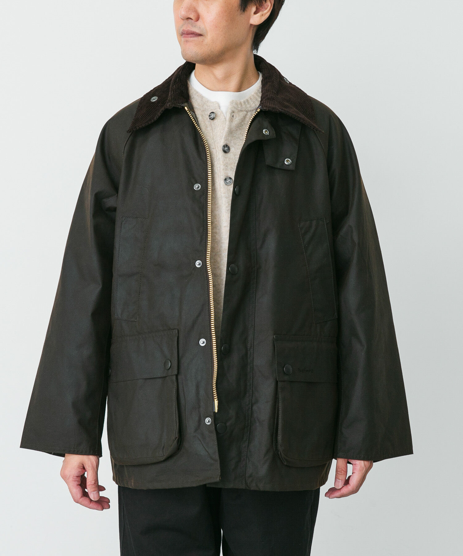 URBAN RESEARCH DOORS「Barbour　OS BEDALE WAX JACKET」|ノーカラーコート|カーキ