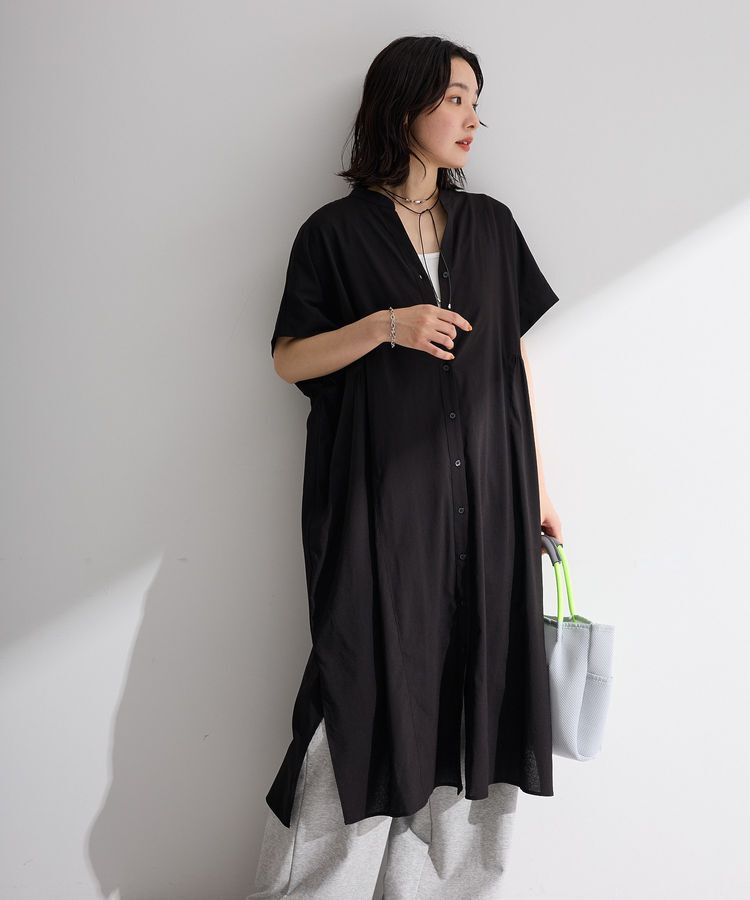 Green Parks「半袖シアースキッパーシャツワンピース」|ワンピース|Black